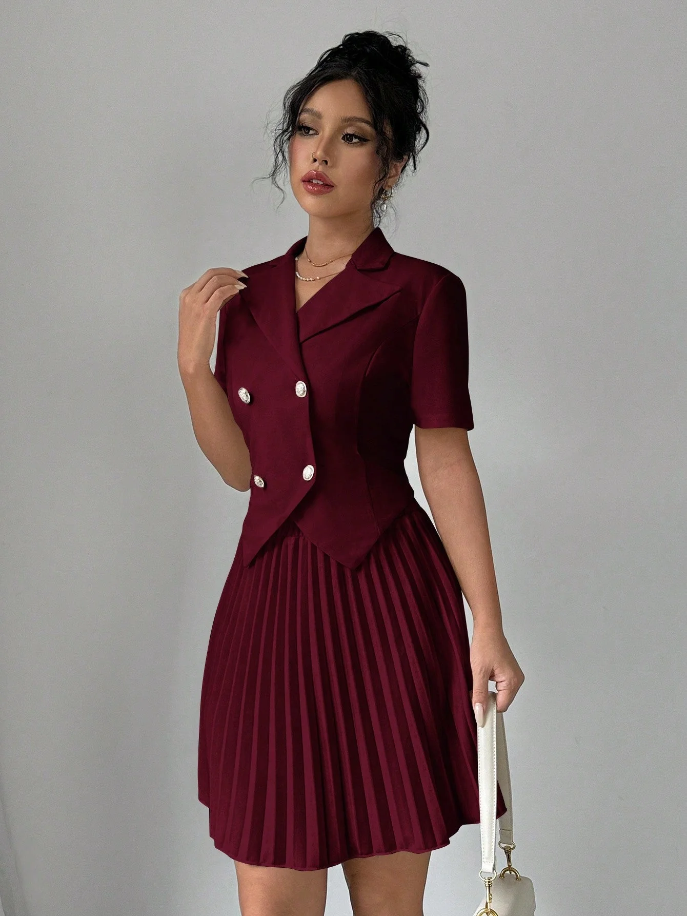 2pcs Women Elegant Solid Polo Collar Short Sleeve Double Breasted Top And Pleated Mini Skirt Set - Image 6