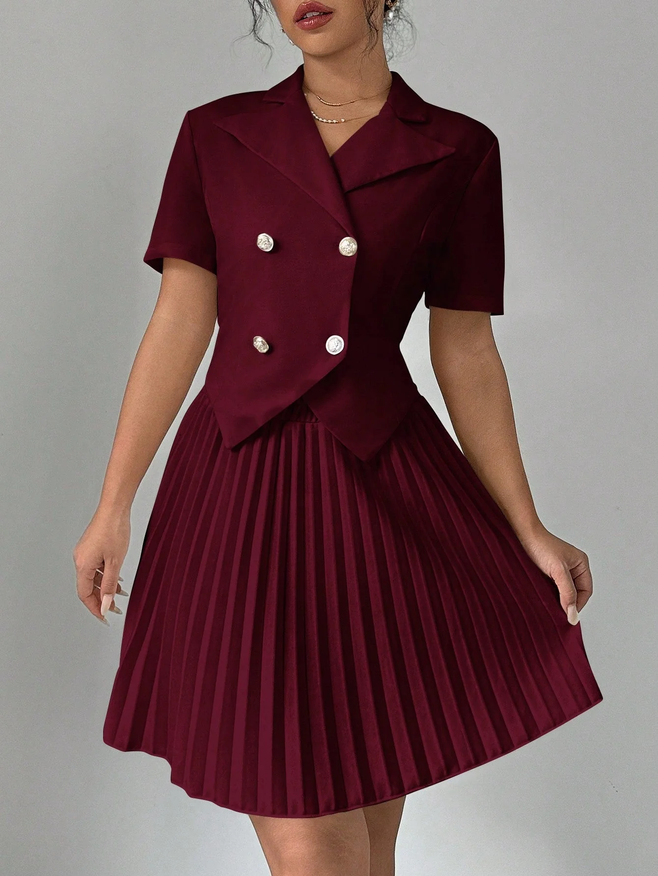 2pcs Women Elegant Solid Polo Collar Short Sleeve Double Breasted Top And Pleated Mini Skirt Set - Image 7
