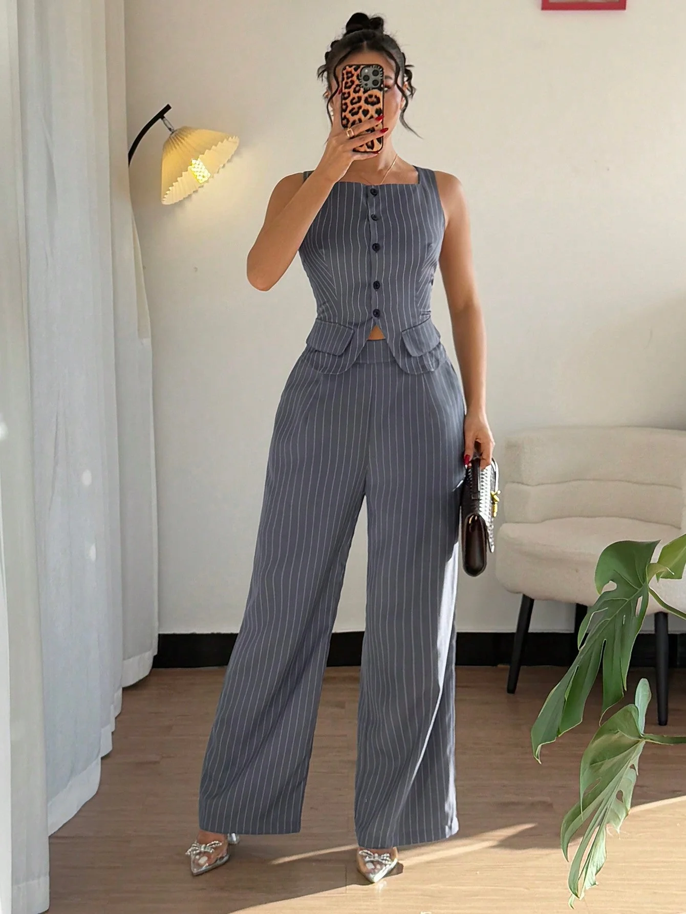 2pcs Women Set - Casual Striped Sleeveless Top And Long Pants - Image 3