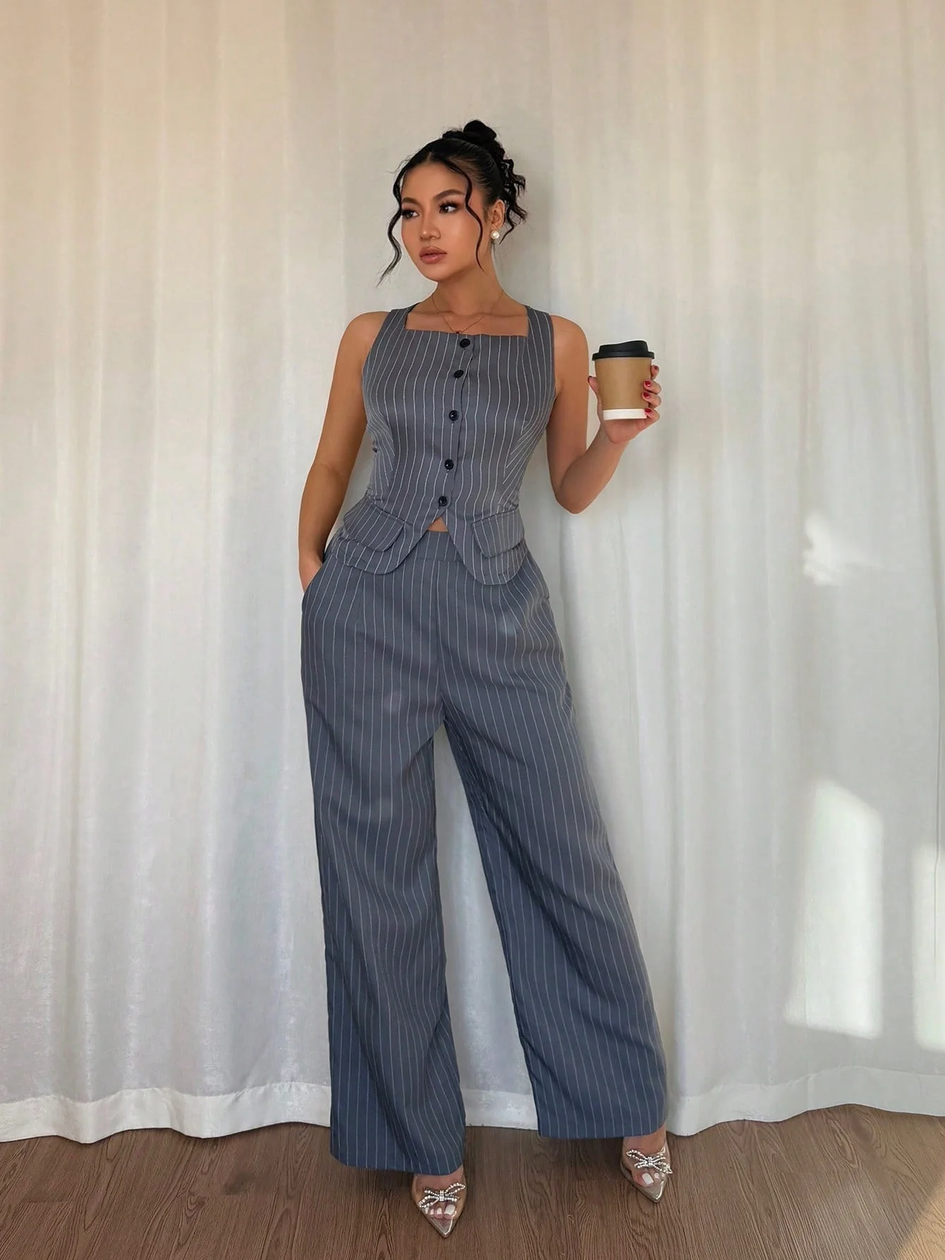 2pcs Women Set - Casual Striped Sleeveless Top And Long Pants - Image 4