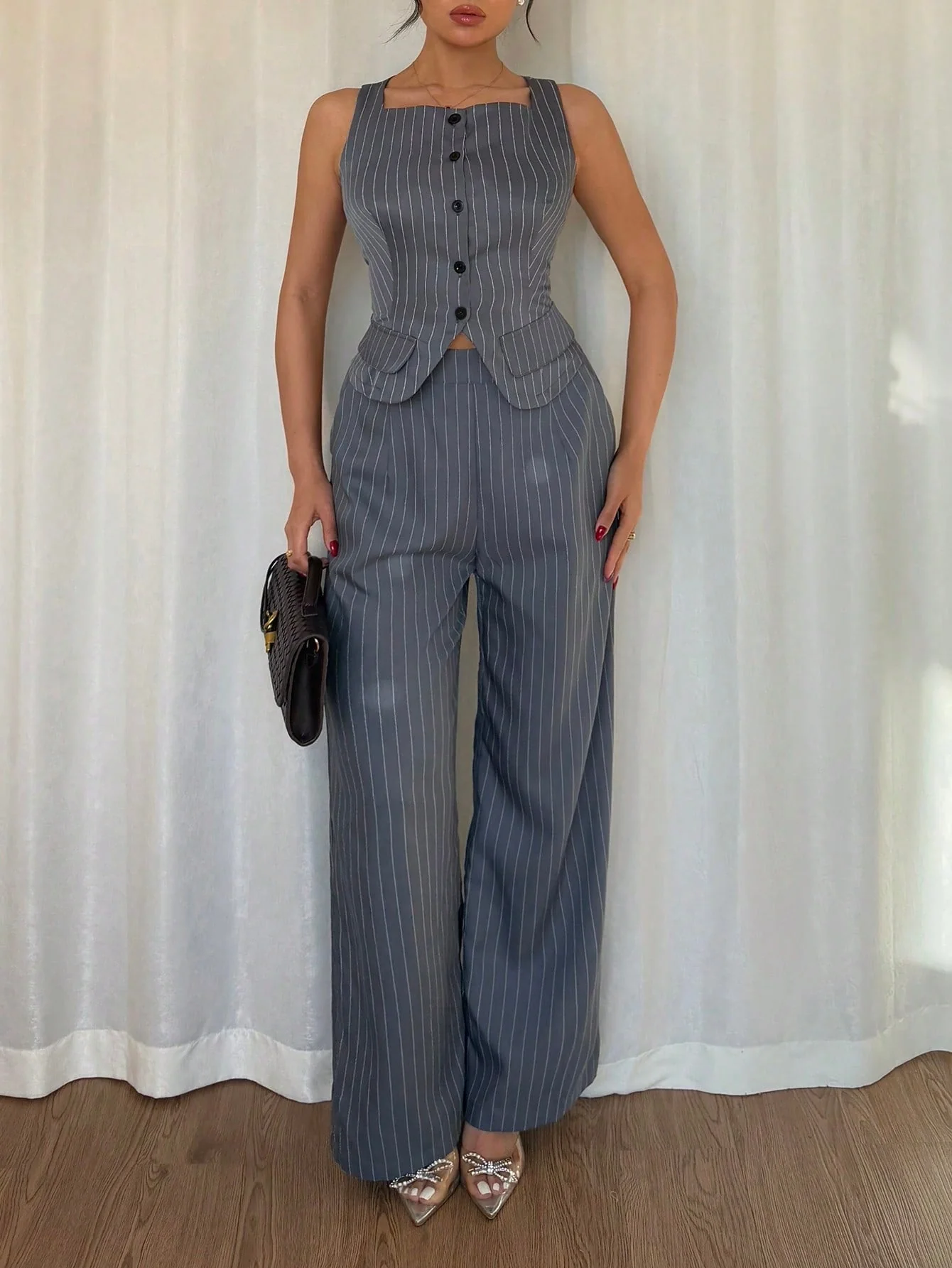 2pcs Women Set - Casual Striped Sleeveless Top And Long Pants - Image 5
