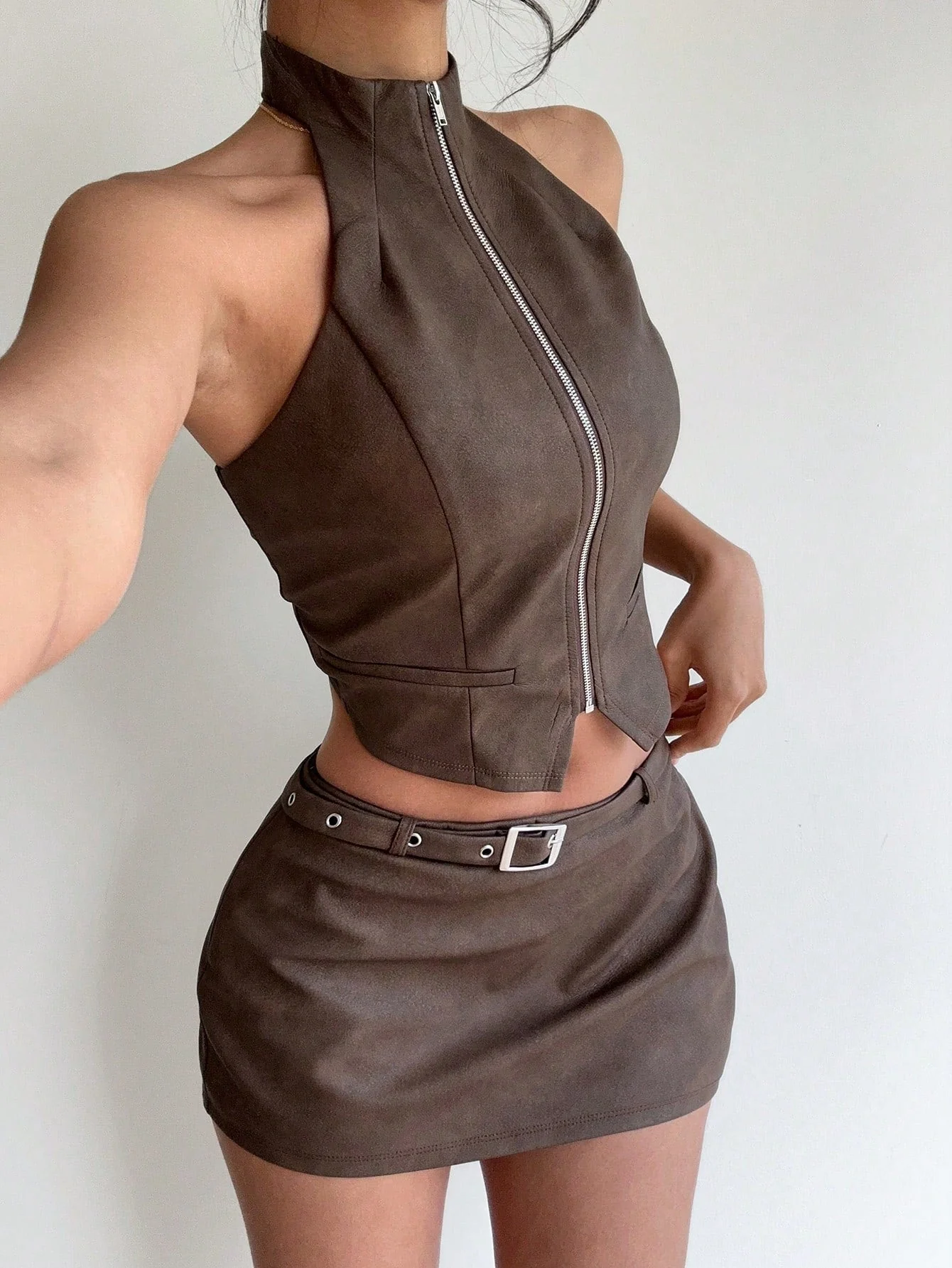 2pcs Women Solid Color Zipper Front Top And Mini Skirt 2-Piece Set - Image 6