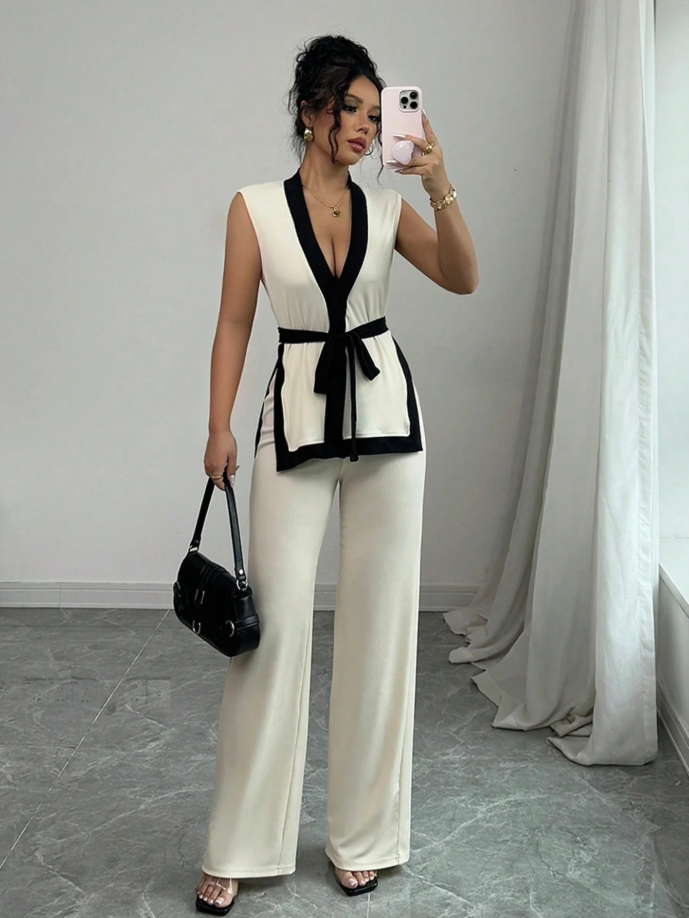 2pcs Women Spring/Summer French Elegant Color Blocking Sleeveless Cropped Top & Wide Leg Pants Set