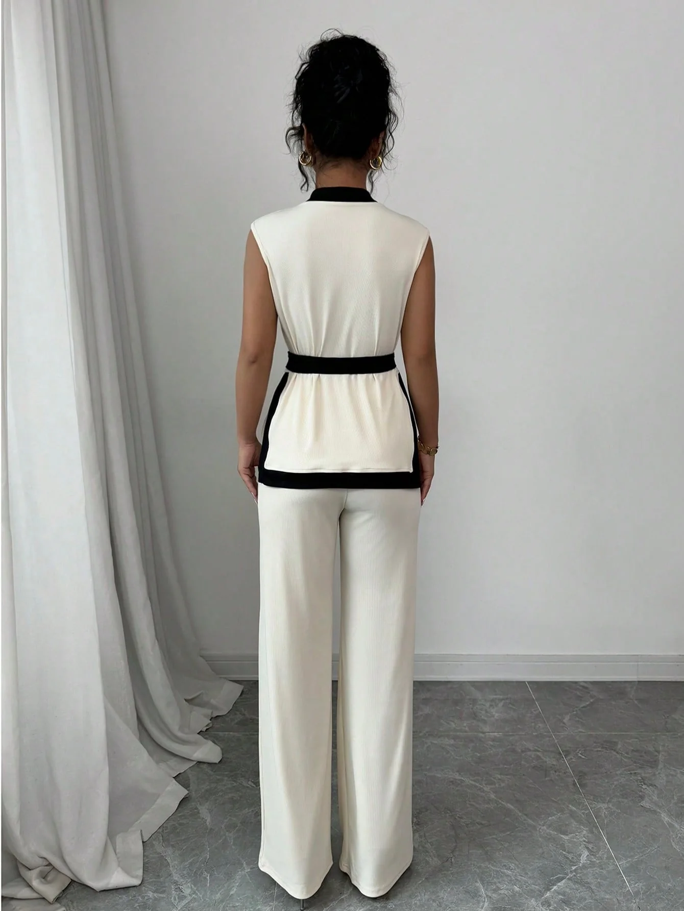 2pcs Women Spring/Summer French Elegant Color Blocking Sleeveless Cropped Top & Wide Leg Pants Set - Image 2