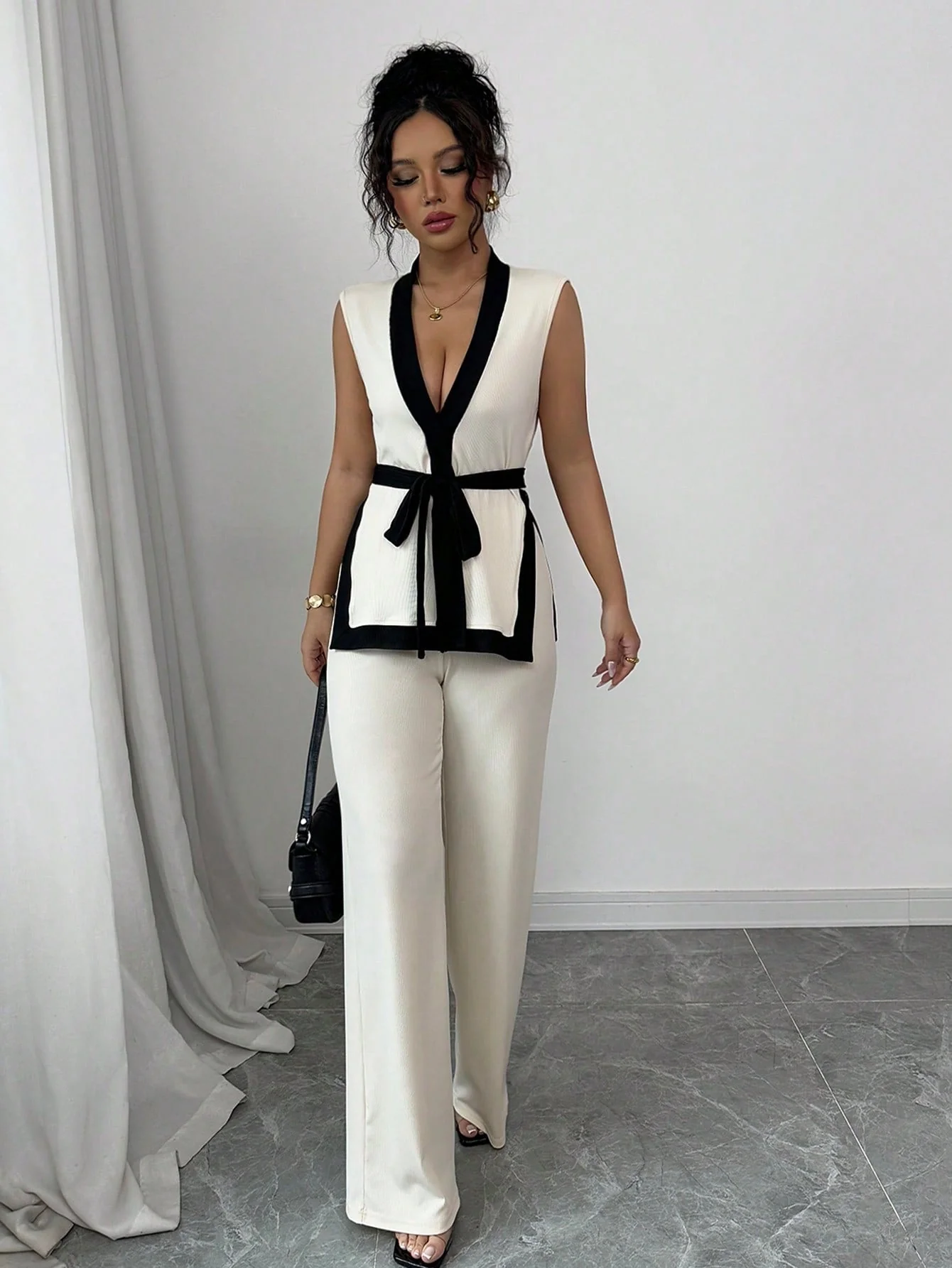 2pcs Women Spring/Summer French Elegant Color Blocking Sleeveless Cropped Top & Wide Leg Pants Set - Image 3