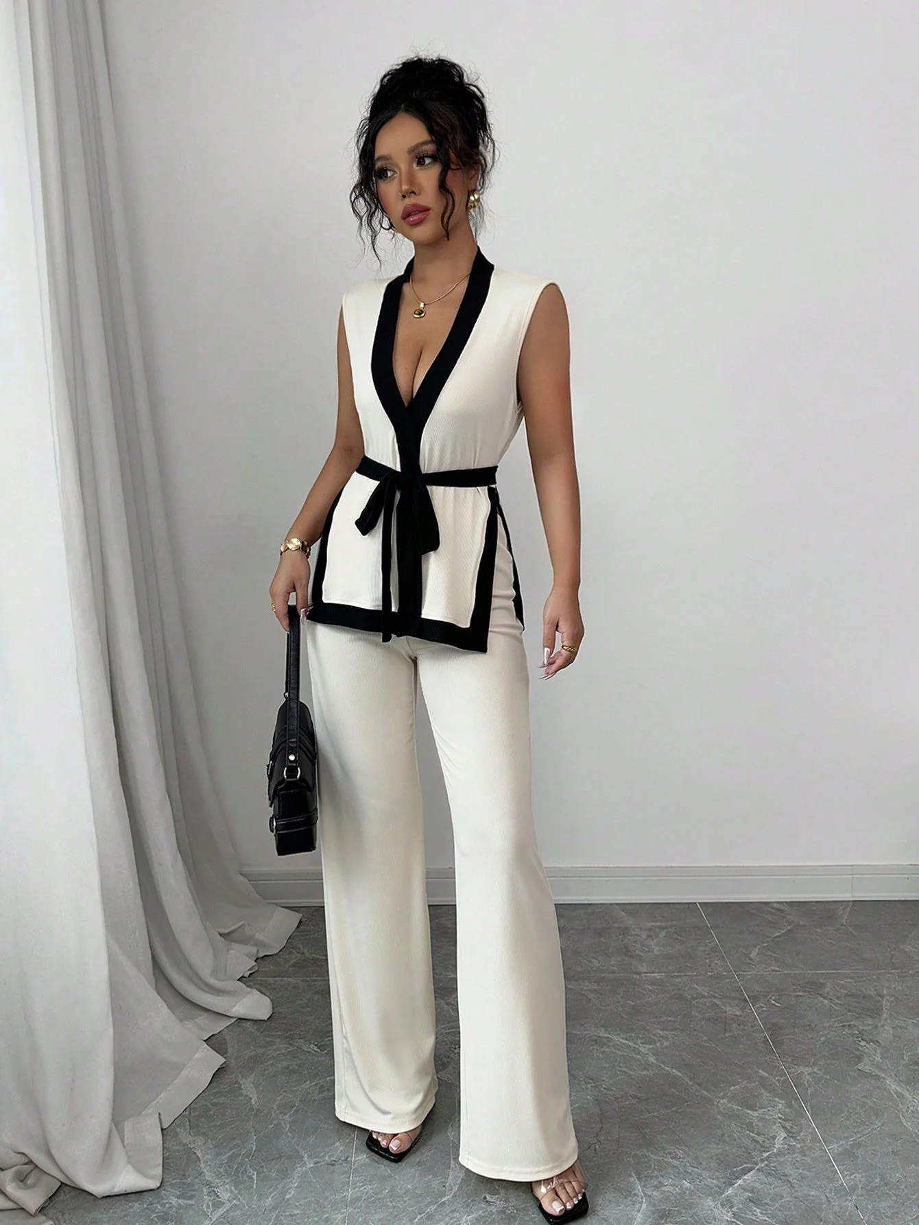 2pcs Women Spring/Summer French Elegant Color Blocking Sleeveless Cropped Top & Wide Leg Pants Set - Image 5