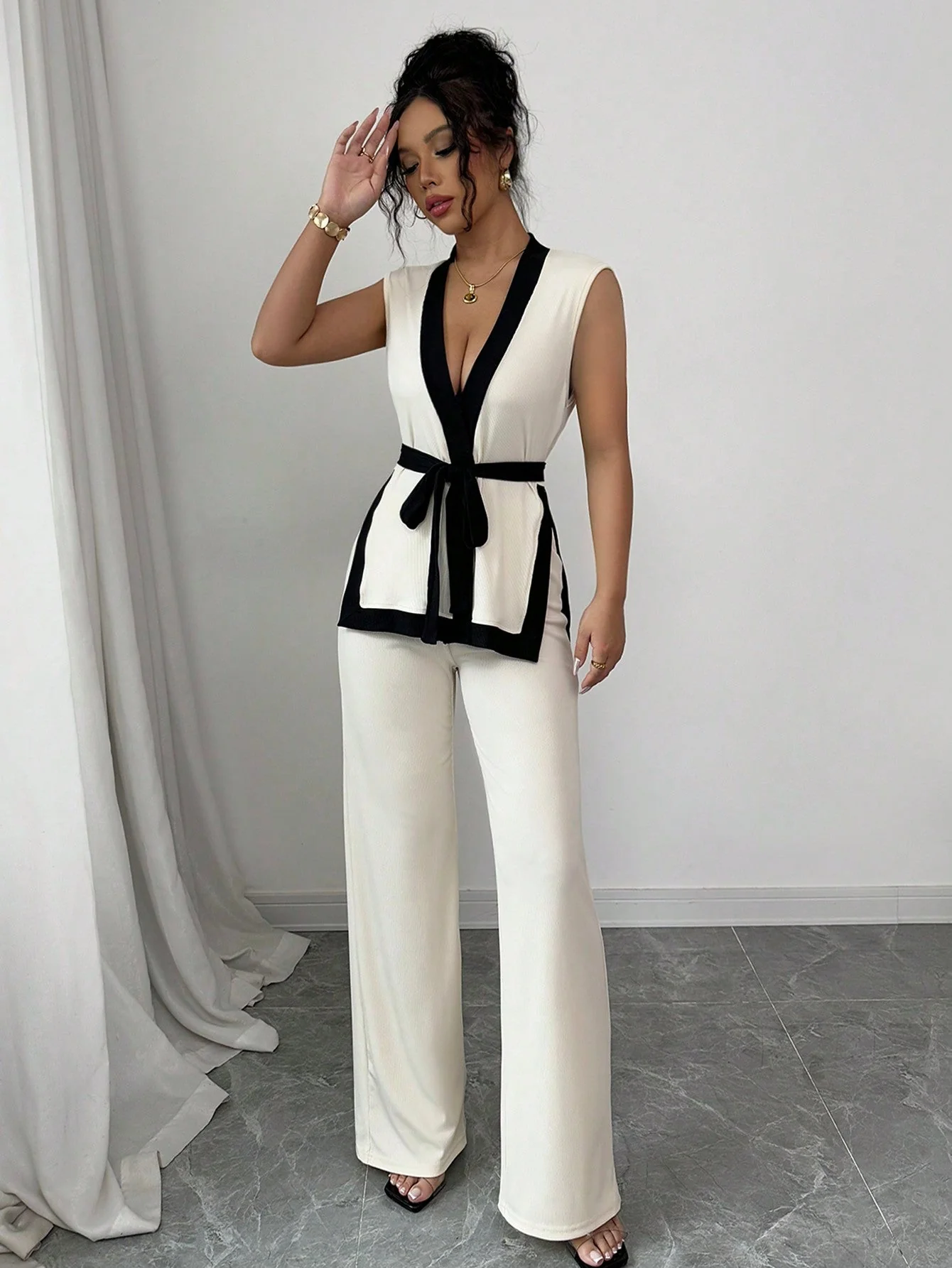 2pcs Women Spring/Summer French Elegant Color Blocking Sleeveless Cropped Top & Wide Leg Pants Set - Image 6