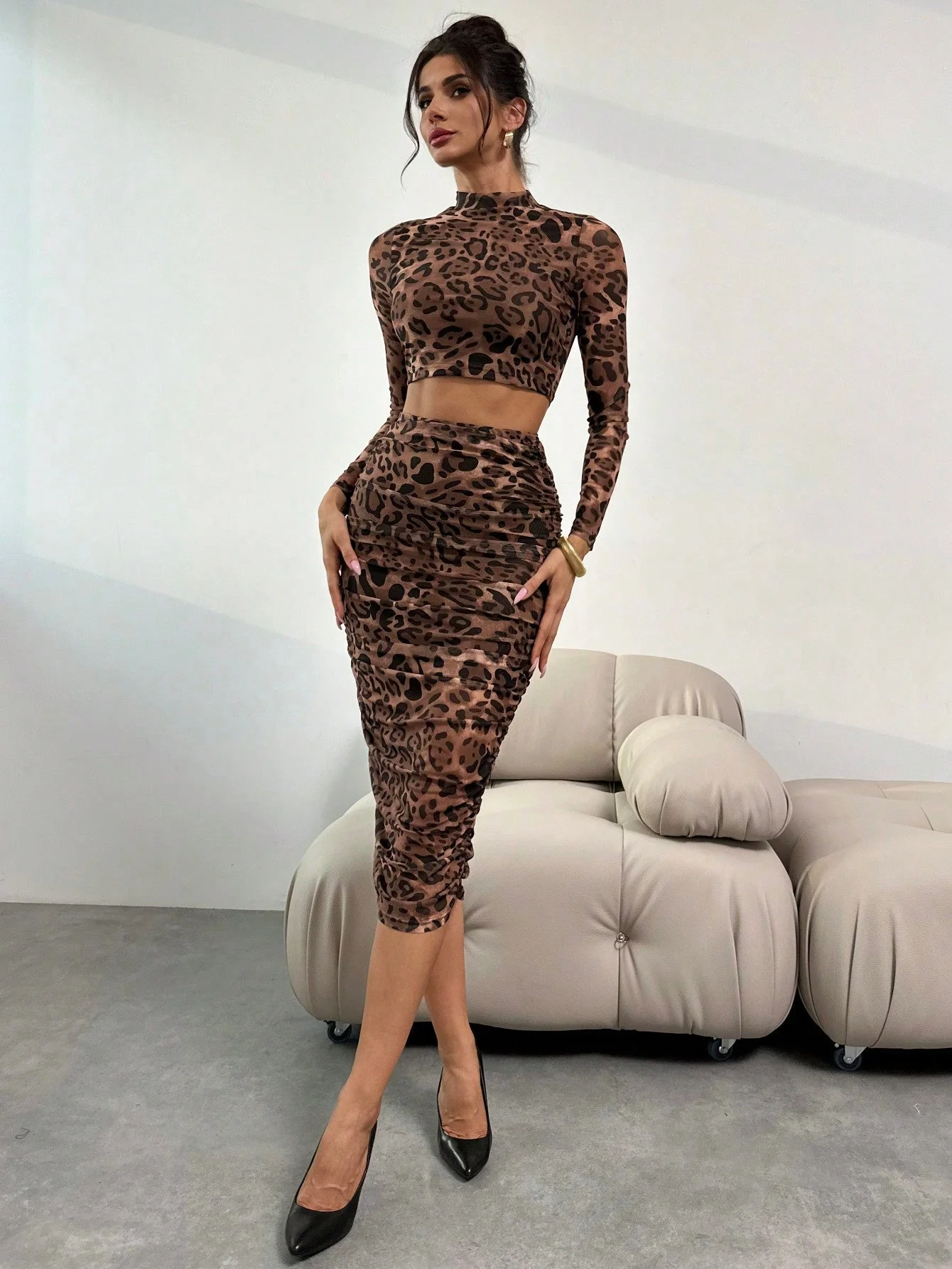 2pcs Women Summer Autumn Sxy Elegant Leopard Print Mesh Bodycon Long Sleeve Crop Top And High Waist Ruched Skirt Set