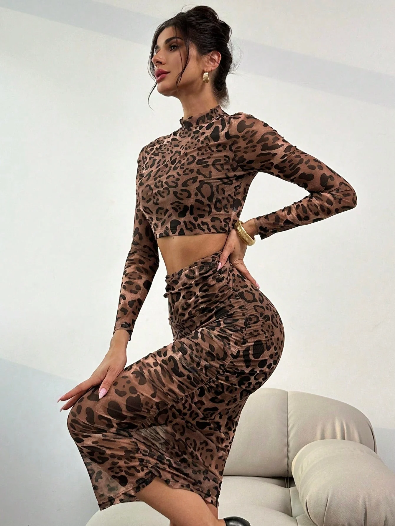 2pcs Women Summer Autumn Sxy Elegant Leopard Print Mesh Bodycon Long Sleeve Crop Top And High Waist Ruched Skirt Set - Image 6