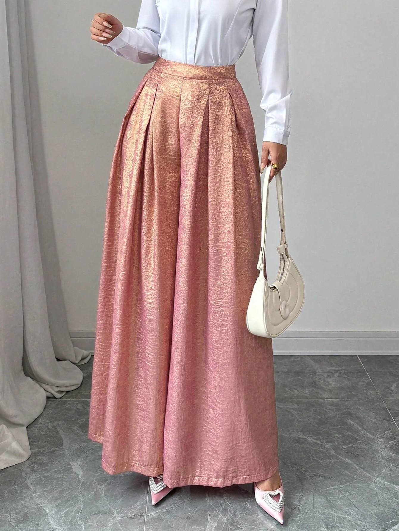 3D Pleated Romantic Pink Metallic Sheen Wide-Leg Women's Pants - Image 4