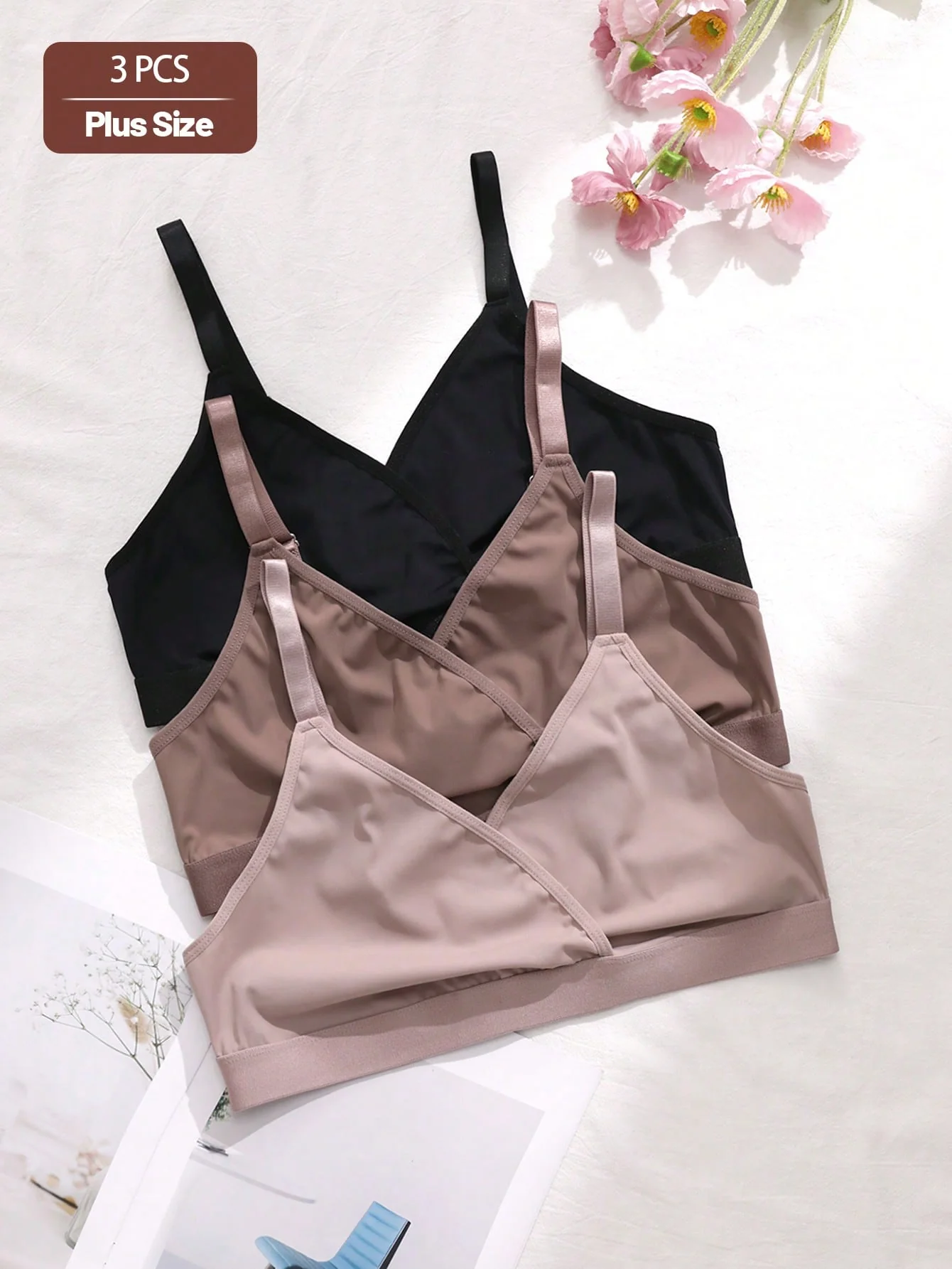 3pcs Plus Size Wireless & Non-Padded Bra Set - Image 7