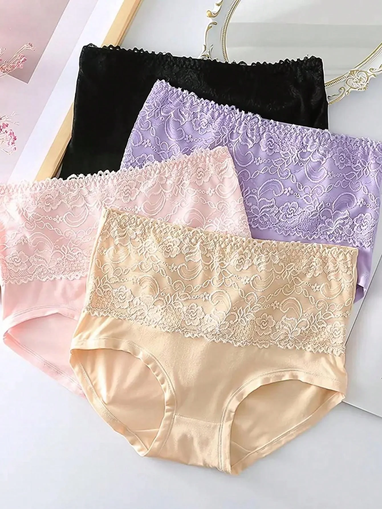4pcs/pack Women's Plus Size Soft Skin-friendly Lace Trimmed Triangle Panties - Image 12