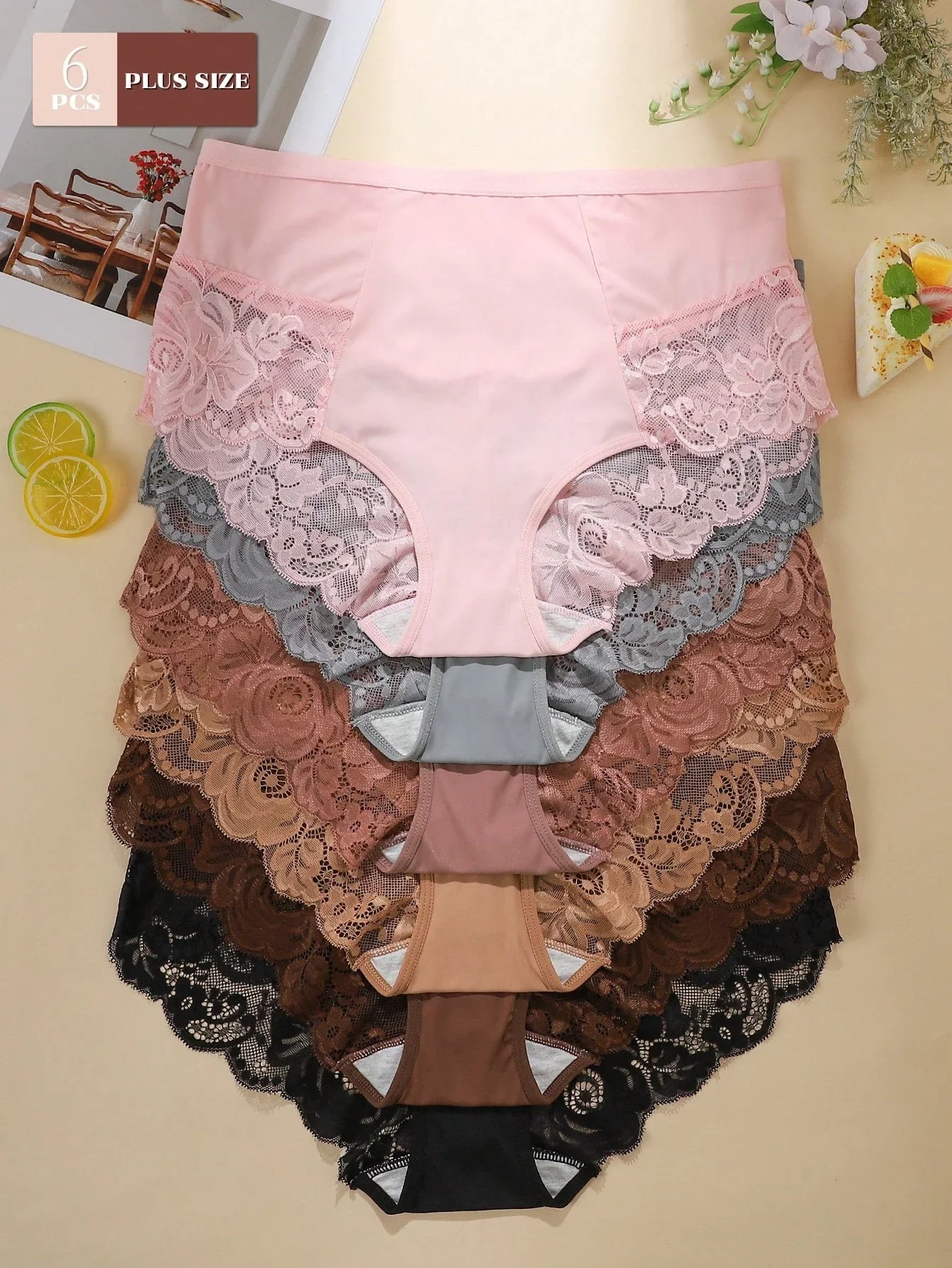 6pcs Pack - Plus Size Women's Breathable Comfortable Lace Patchwork Sexy Bikini Panties