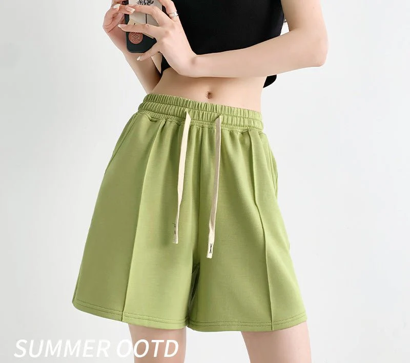 Air cotton sports shorts women's summer thin casual loose high-waisted wide-leg pants slim straight five-point medium pants