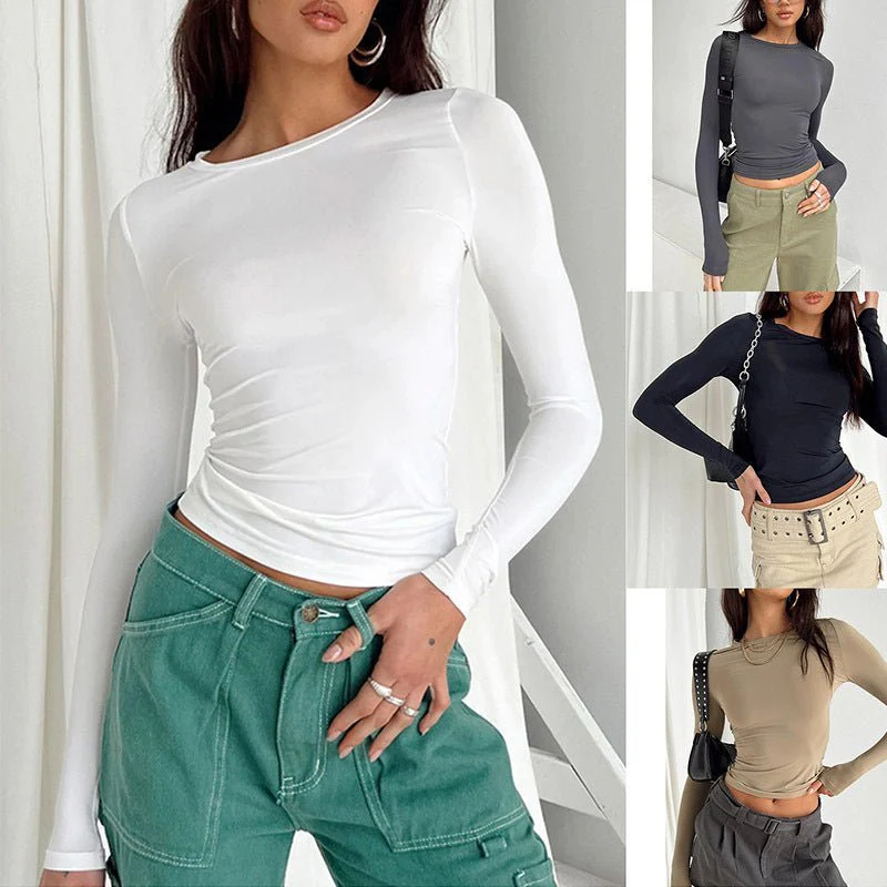 All-match irregular slim-fitting bottoming top T-shirt round neck solid color slim-fitting long sleeve FD - Image 10