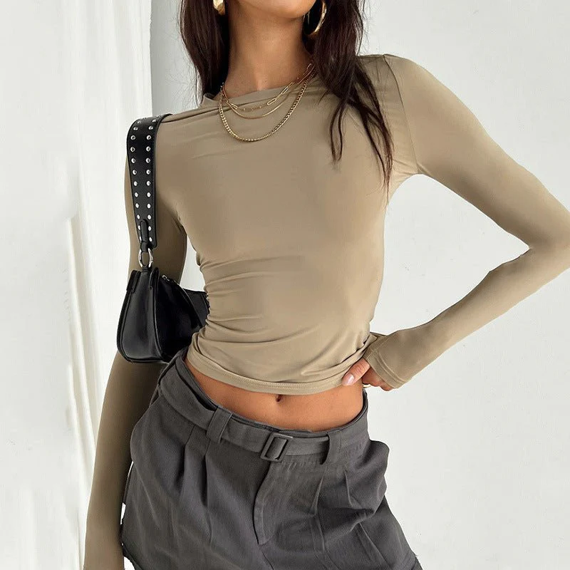 All-match irregular slim-fitting bottoming top T-shirt round neck solid color slim-fitting long sleeve FD - Image 12