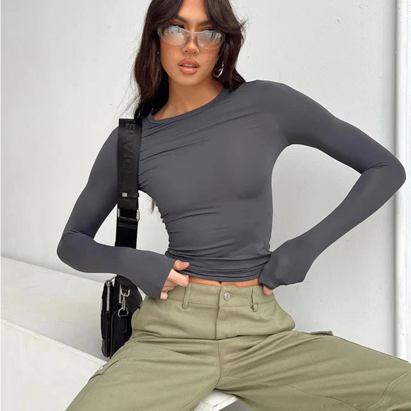 All-match irregular slim-fitting bottoming top T-shirt round neck solid color slim-fitting long sleeve FD - Image 14