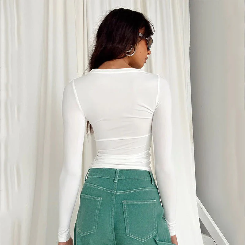 All-match irregular slim-fitting bottoming top T-shirt round neck solid color slim-fitting long sleeve FD - Image 19