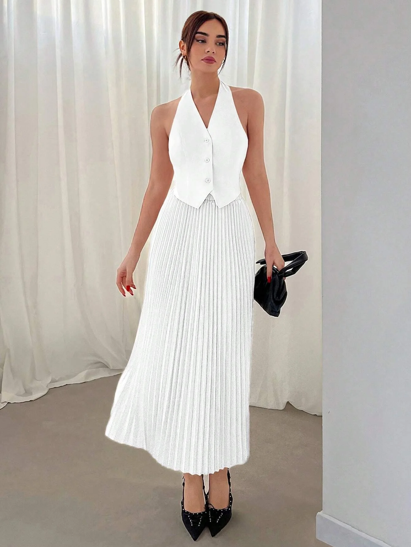 Aloruh Ladies' Valentine's Day Halter Neck Single Breasted Vest And Pleated Skirt Two Piece Set - Image 11