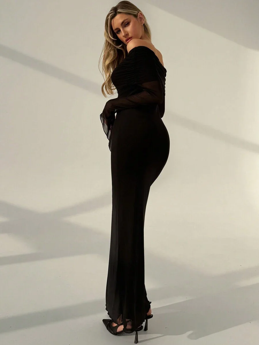 Long Sleeve Bodycon Hollow-Out Mesh Sexy Long Dress For Women FD - Image 2