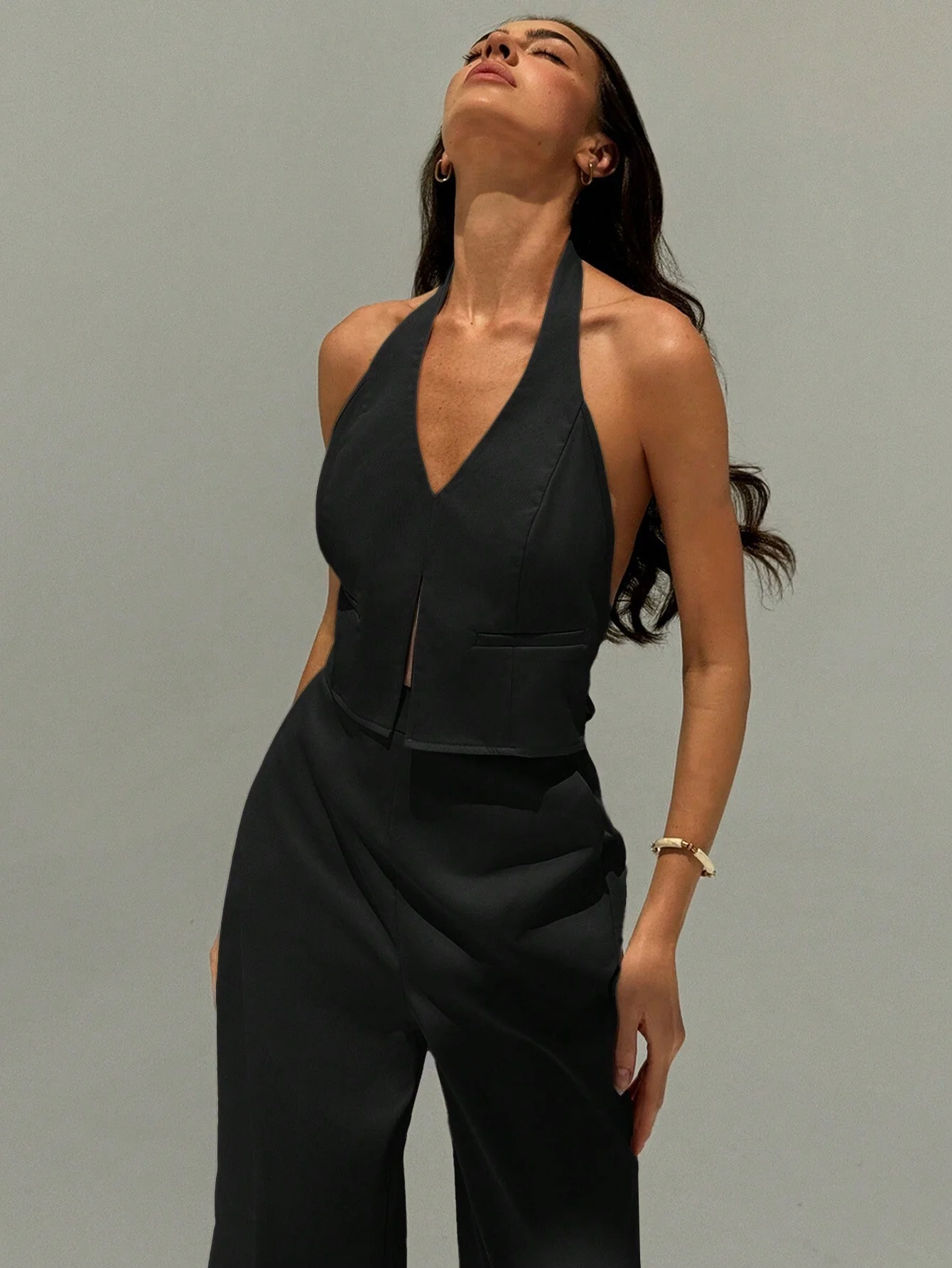 Aloruh Spring/Summer Office Lady V-Neck Sleeveless Top With Open Back & Wide Leg Pants, Slimming And Lengthening Outfit For Streetwear - Image 12