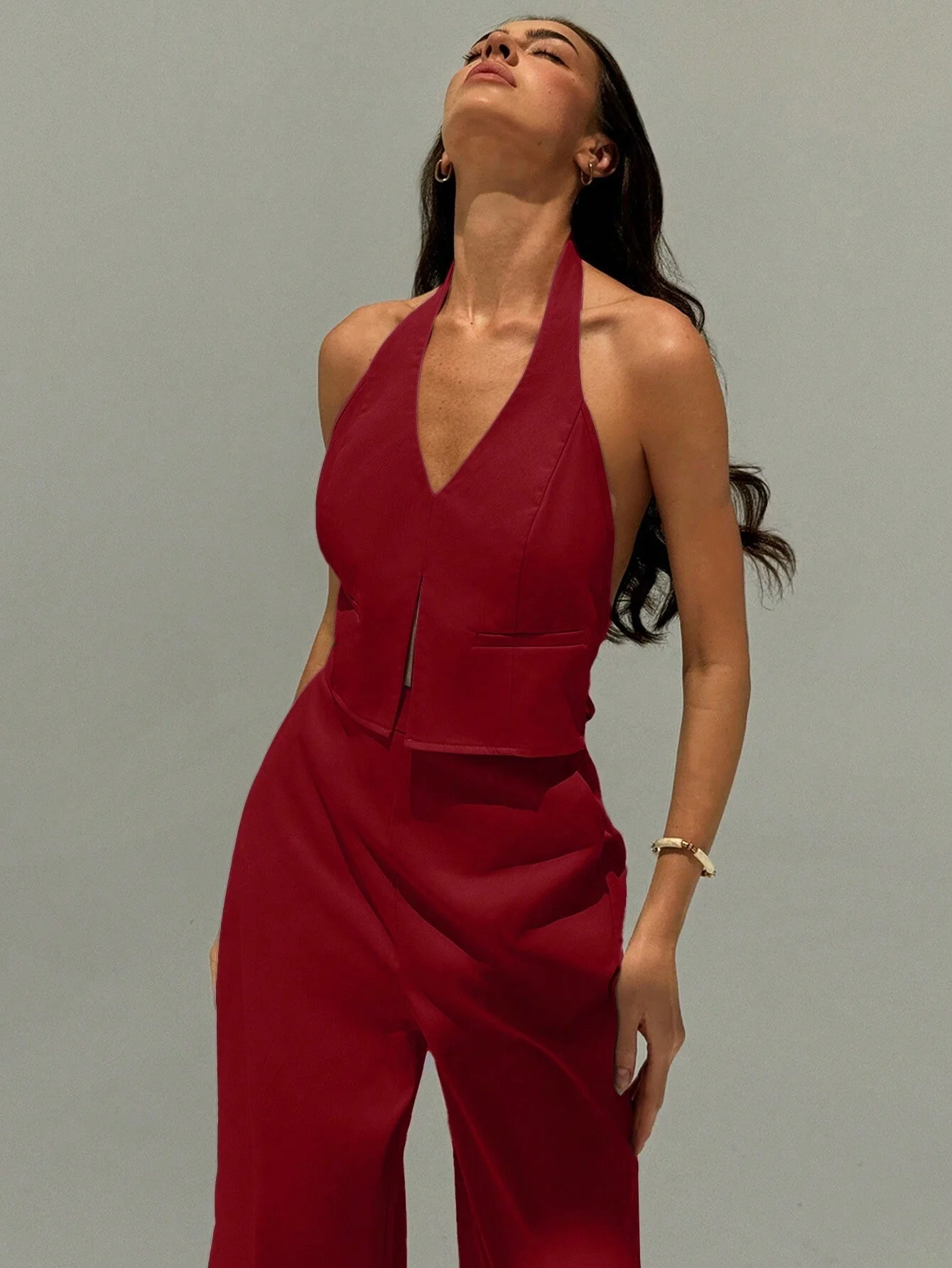 Aloruh Spring/Summer Office Lady V-Neck Sleeveless Top With Open Back & Wide Leg Pants, Slimming And Lengthening Outfit For Streetwear - Image 14