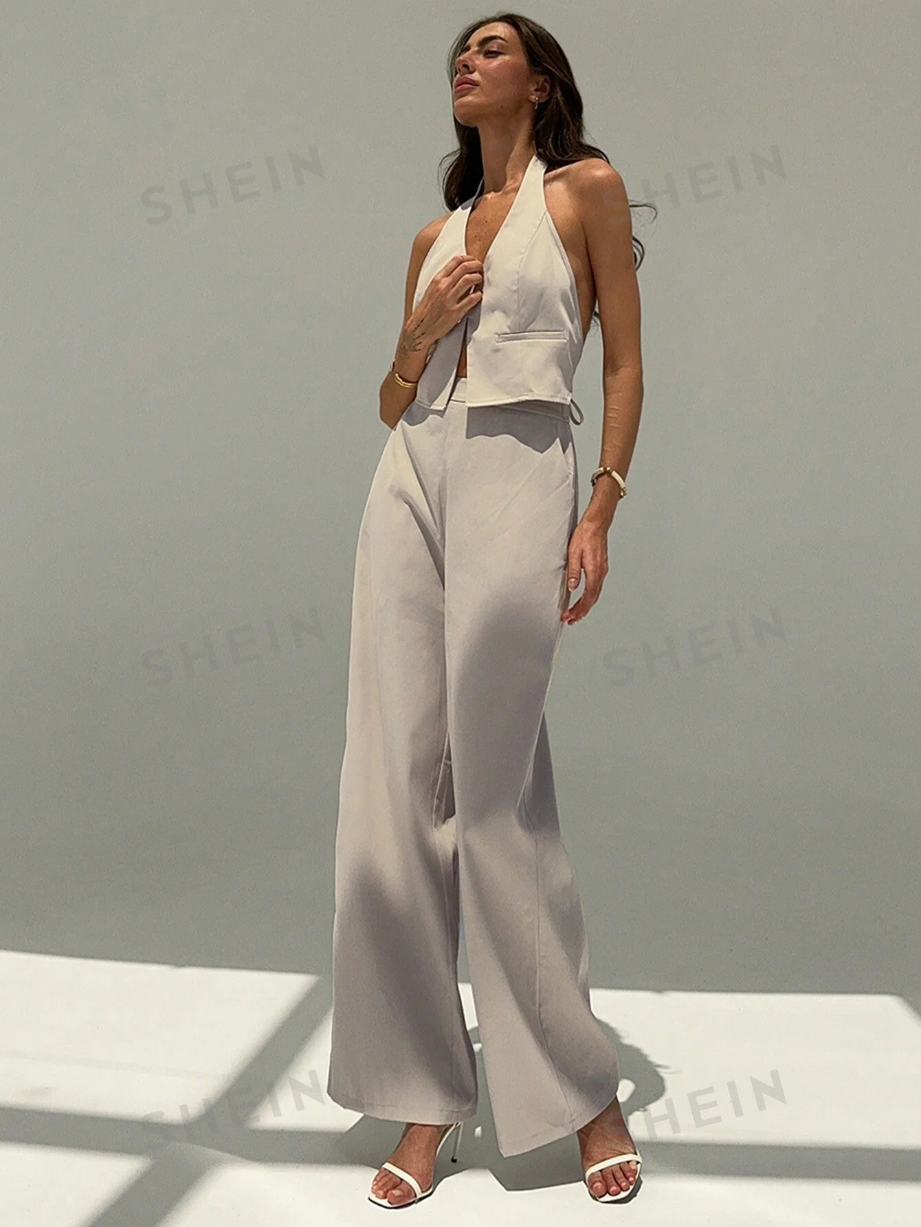 Aloruh Spring/Summer Office Lady V-Neck Sleeveless Top With Open Back & Wide Leg Pants, Slimming And Lengthening Outfit For Streetwear - Image 9