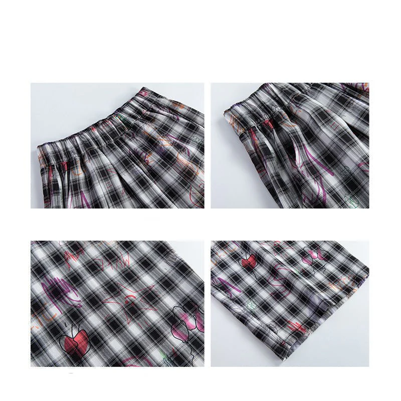 American hand-painted graffiti plaid pants summer women's pants women's loose straight trousers printed drape wide-leg pants - Image 2