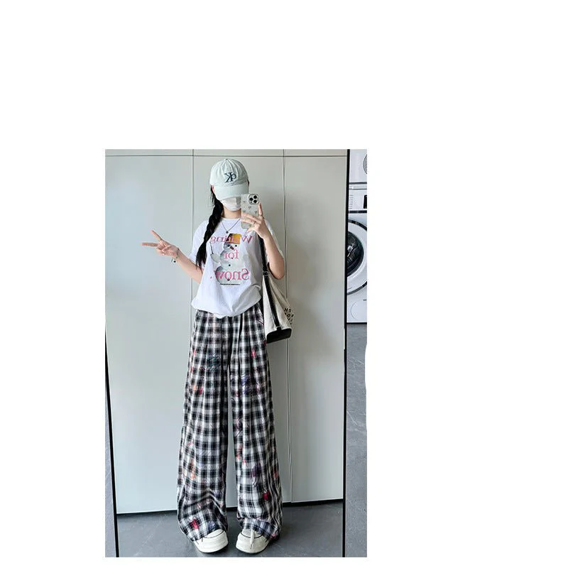 American hand-painted graffiti plaid pants summer women's pants women's loose straight trousers printed drape wide-leg pants - Image 3