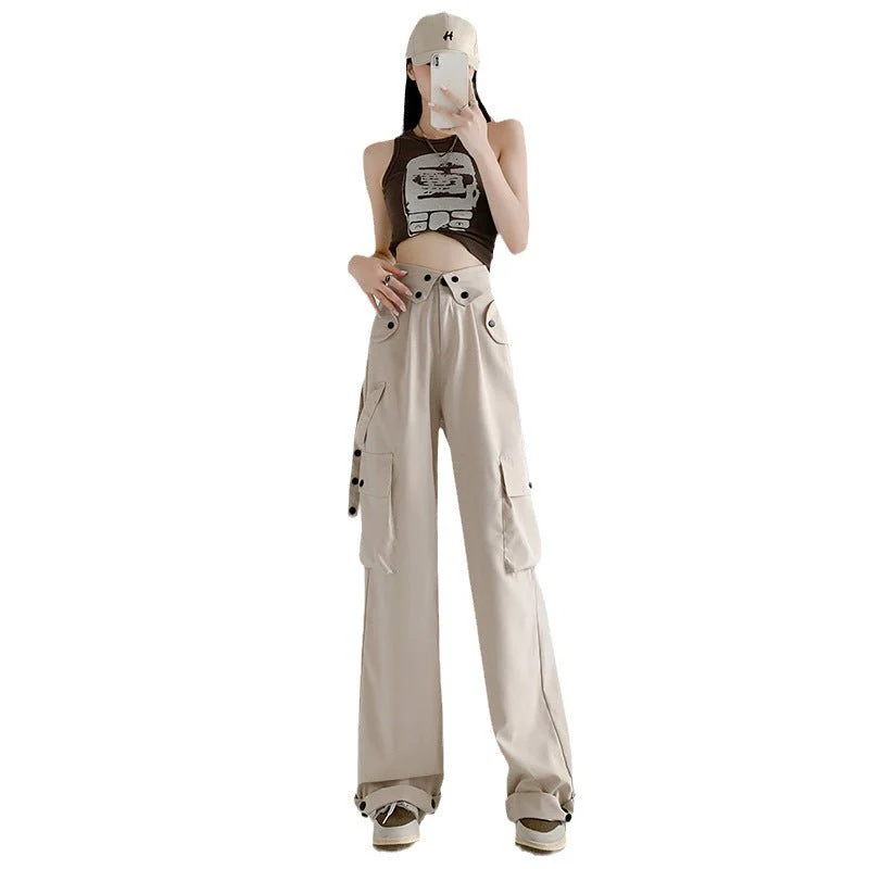 American overalls women's pants spring and autumn new retro loose straight casual wide-leg pants high waist slimming sports pants - Image 10