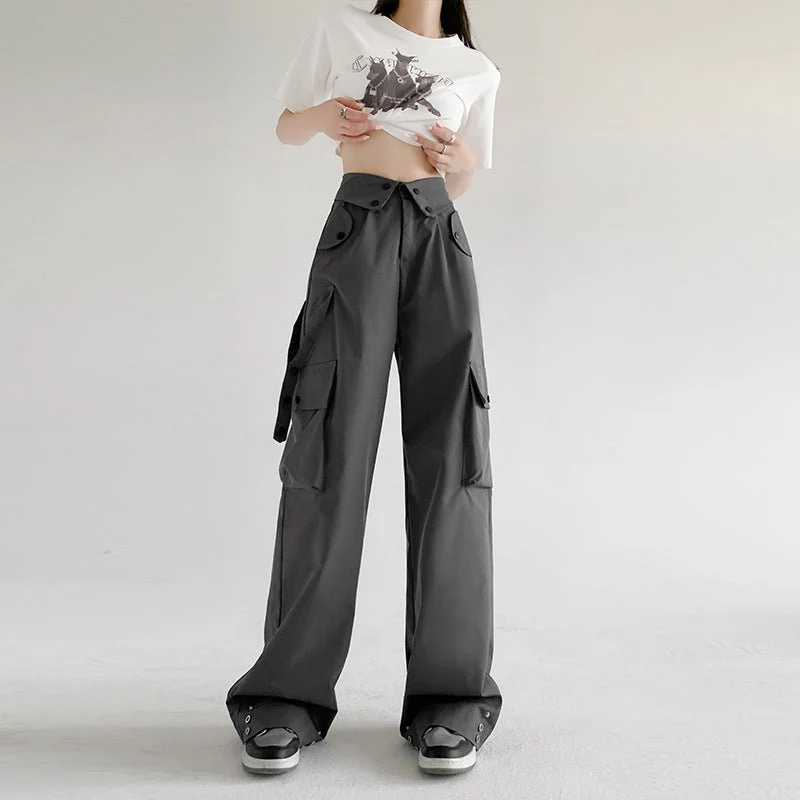 American overalls women's pants spring and autumn new retro loose straight casual wide-leg pants high waist slimming sports pants - Image 2