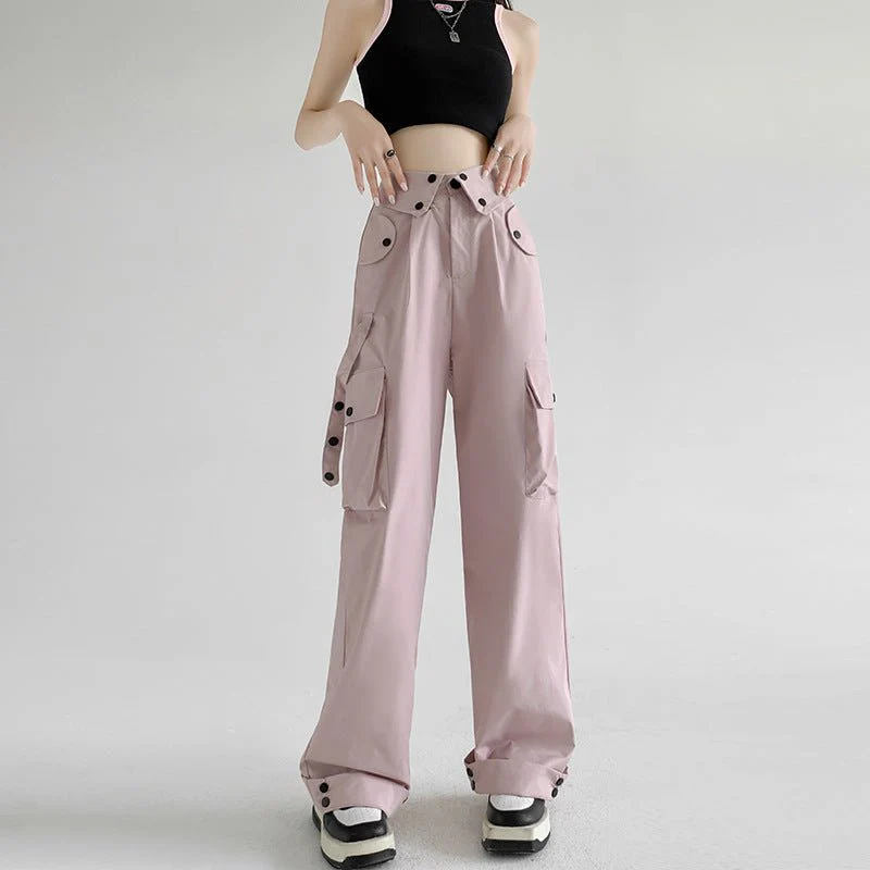 American overalls women's pants spring and autumn new retro loose straight casual wide-leg pants high waist slimming sports pants - Image 3