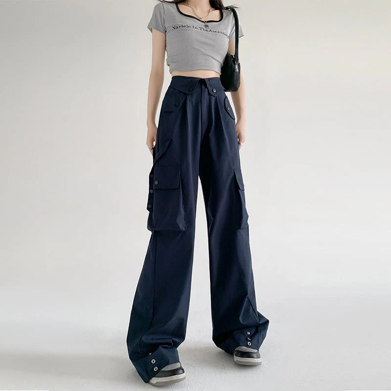 American overalls women's pants spring and autumn new retro loose straight casual wide-leg pants high waist slimming sports pants - Image 4