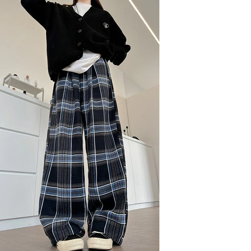 American plaid pants children's loose spring and autumn new high-waisted straight-leg pants, thin casual lazy style wide-leg pants