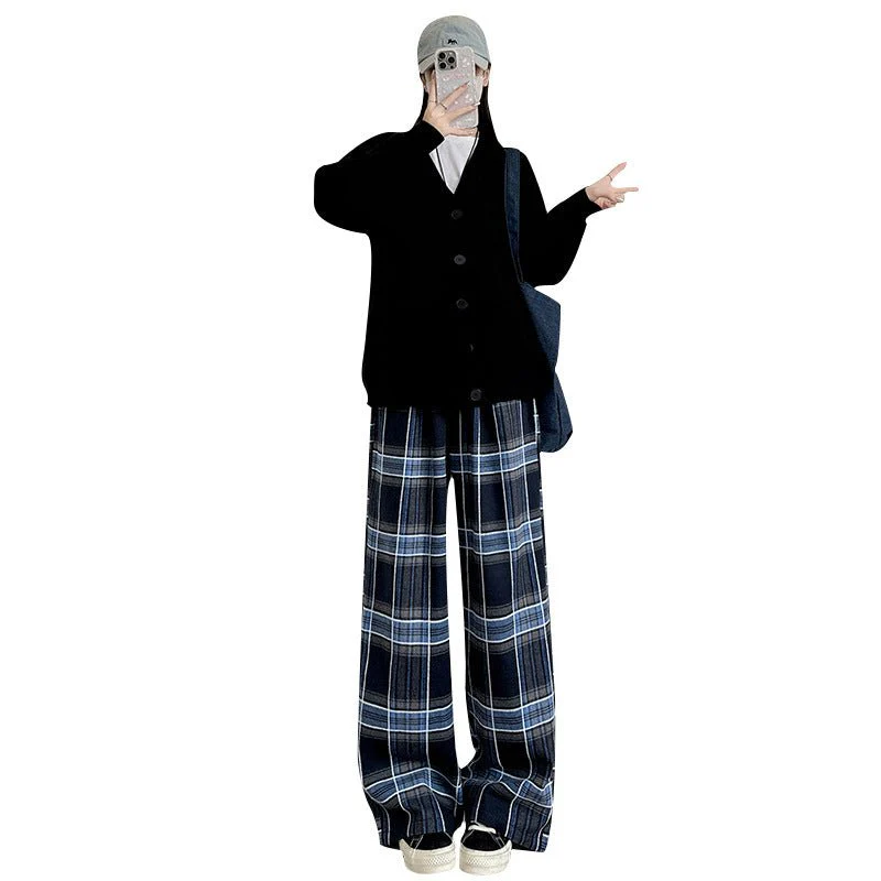 American plaid pants children's loose spring and autumn new high-waisted straight-leg pants, thin casual lazy style wide-leg pants - Image 4