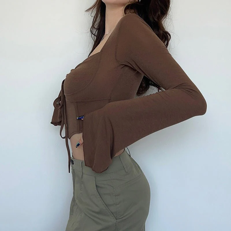 American street style low V-neck long-sleeved T-shirt fishbone waist irregular slim pleated belly-baring top - Image 16