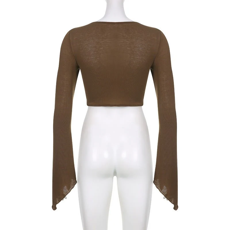 American street style low V-neck long-sleeved T-shirt fishbone waist irregular slim pleated belly-baring top - Image 20