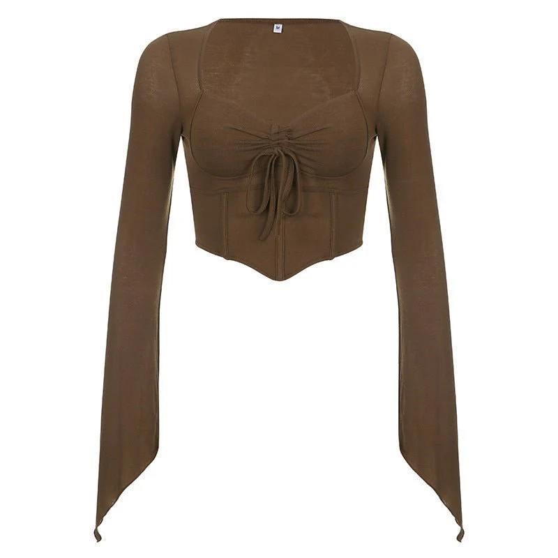 American street style low V-neck long-sleeved T-shirt fishbone waist irregular slim pleated belly-baring top - Image 8