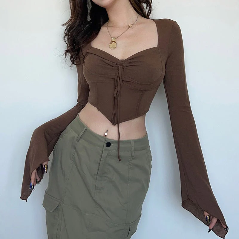 American street style low V-neck long-sleeved T-shirt fishbone waist irregular slim pleated belly-baring top FD