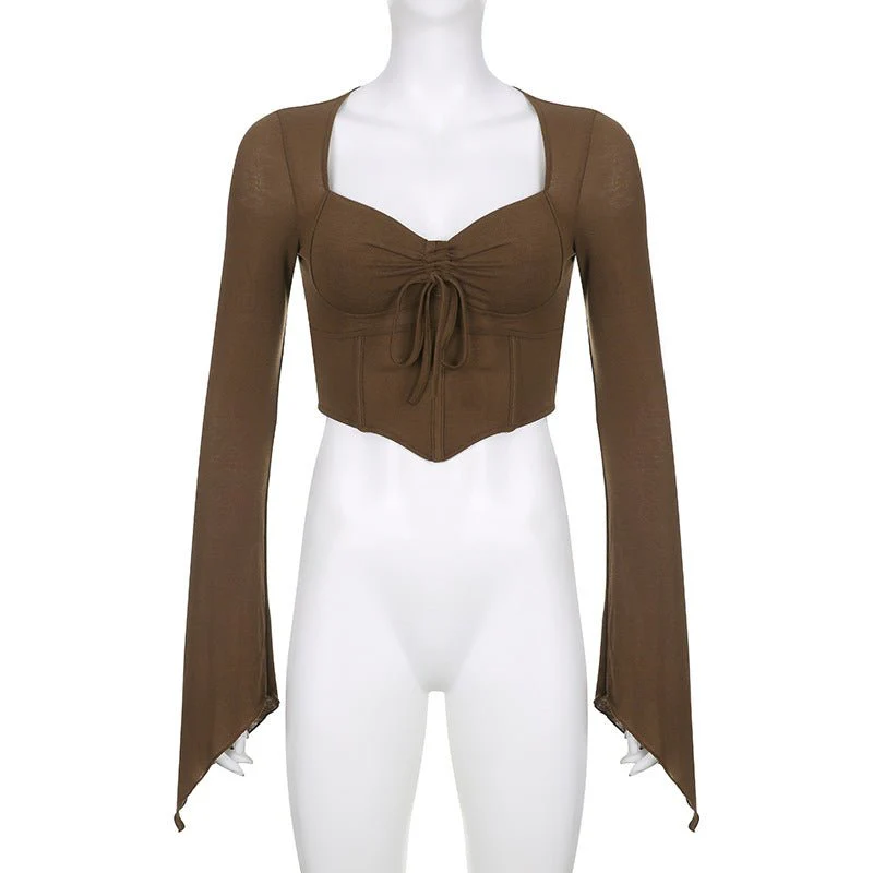 American street style low V-neck long-sleeved T-shirt fishbone waist irregular slim pleated belly-baring top FD - Image 17