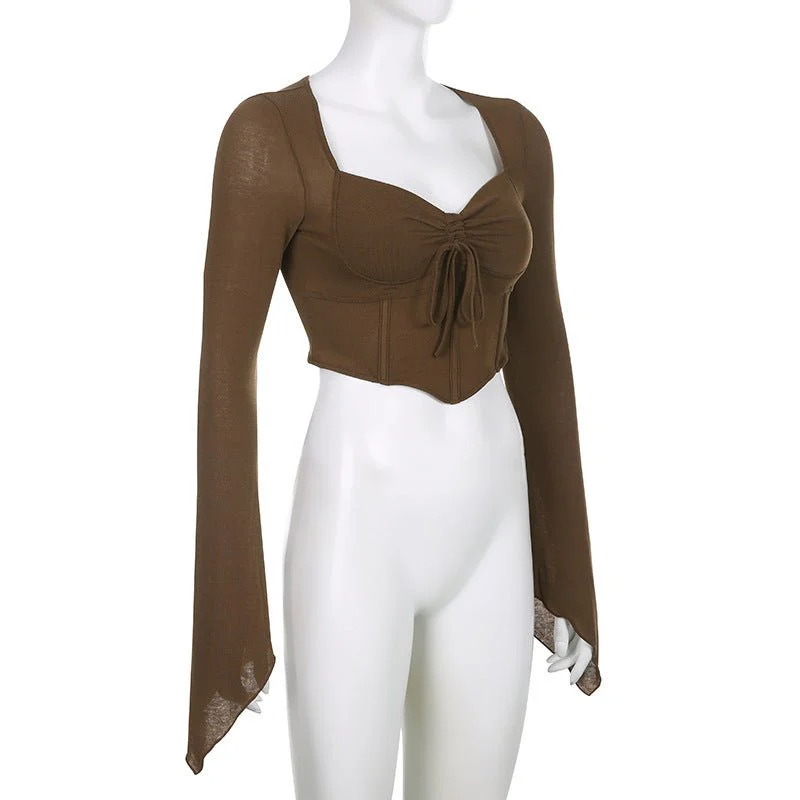 American street style low V-neck long-sleeved T-shirt fishbone waist irregular slim pleated belly-baring top FD - Image 18