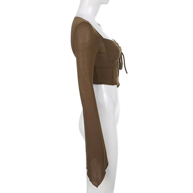 American street style low V-neck long-sleeved T-shirt fishbone waist irregular slim pleated belly-baring top FD - Image 19
