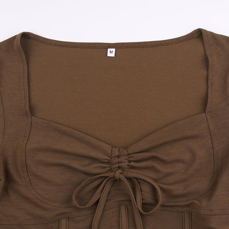 American street style low V-neck long-sleeved T-shirt fishbone waist irregular slim pleated belly-baring top FD - Image 21