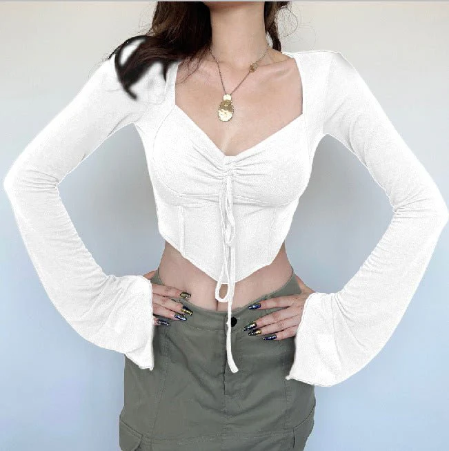 American street style low V-neck long-sleeved T-shirt fishbone waist irregular slim pleated belly-baring top FD - Image 3