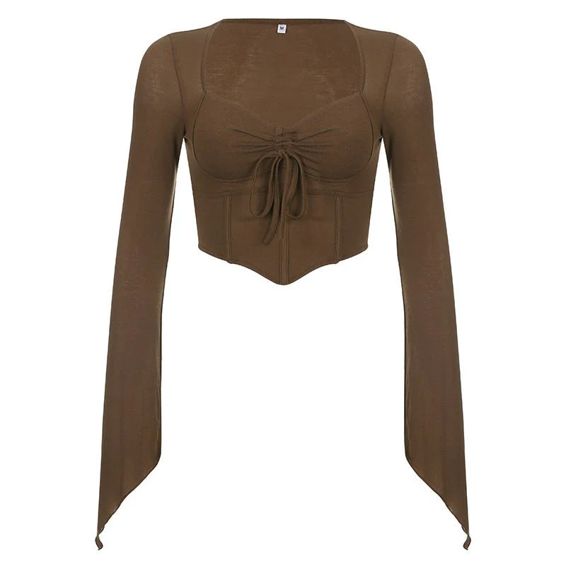 American street style low V-neck long-sleeved T-shirt fishbone waist irregular slim pleated belly-baring top FD - Image 4