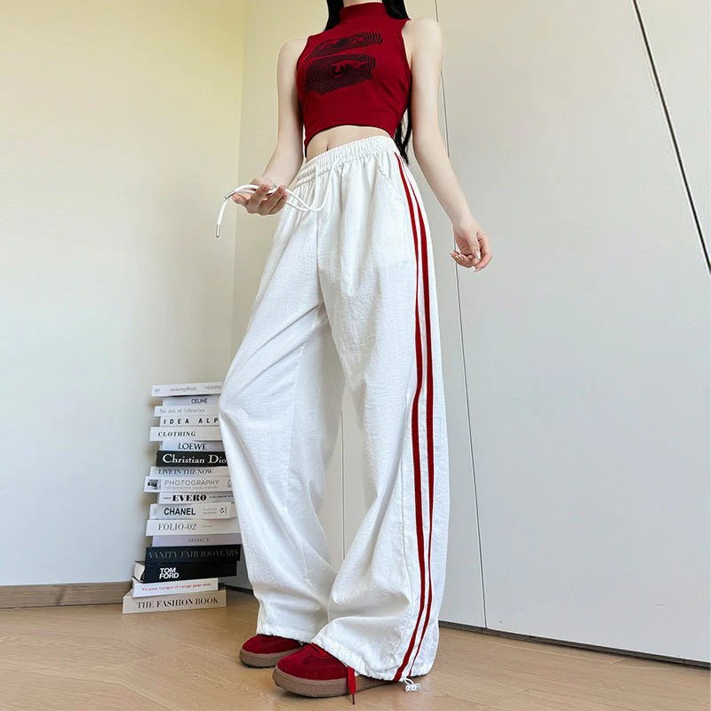 American striped sweatpants women's clothing 2025 new spring and summer loose straight sweatpants mopping the floor and showing thin narrow wide-leg pants