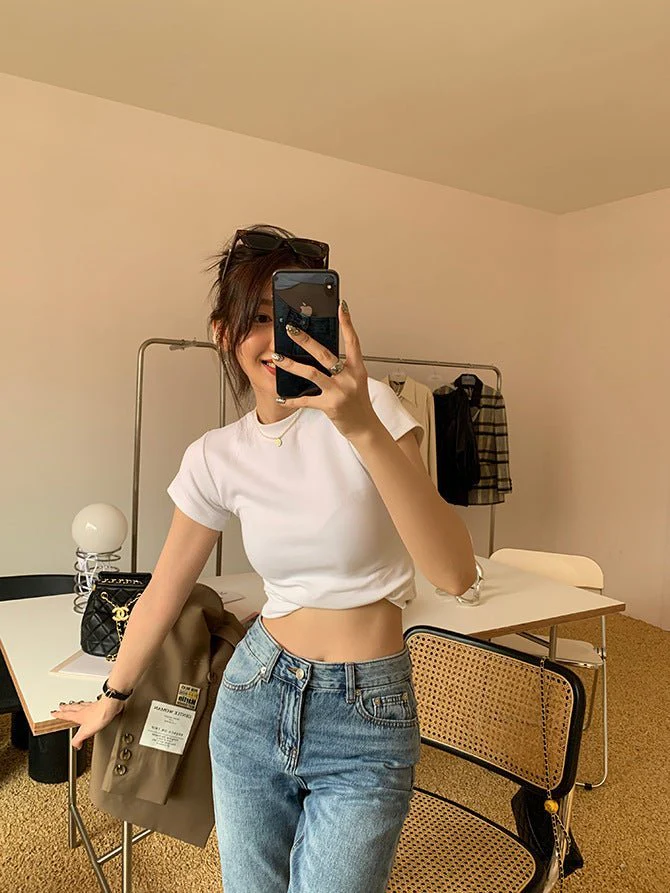 American style white t-shirt for women, short sleeves, shoulder length, 2025 new style, slim round neck, cotton layered bottoming top - Image 15