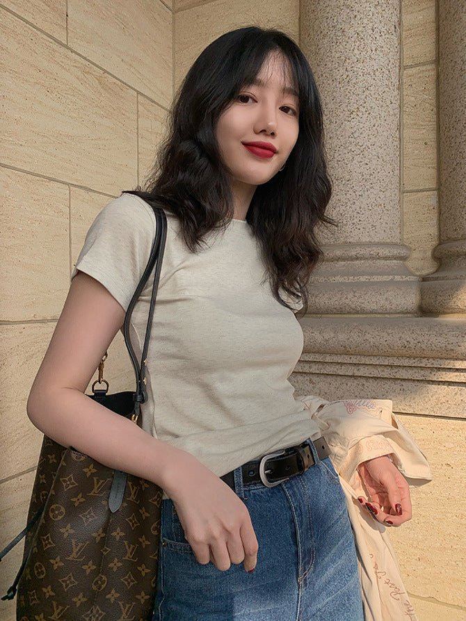 American style white t-shirt for women, short sleeves, shoulder length, 2025 new style, slim round neck, cotton layered bottoming top - Image 17