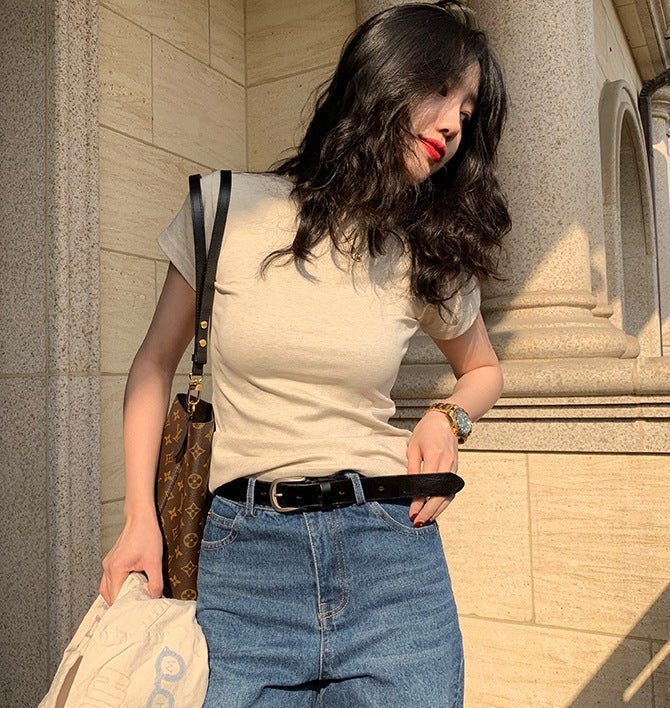 American style white t-shirt for women, short sleeves, shoulder length, 2025 new style, slim round neck, cotton layered bottoming top - Image 18