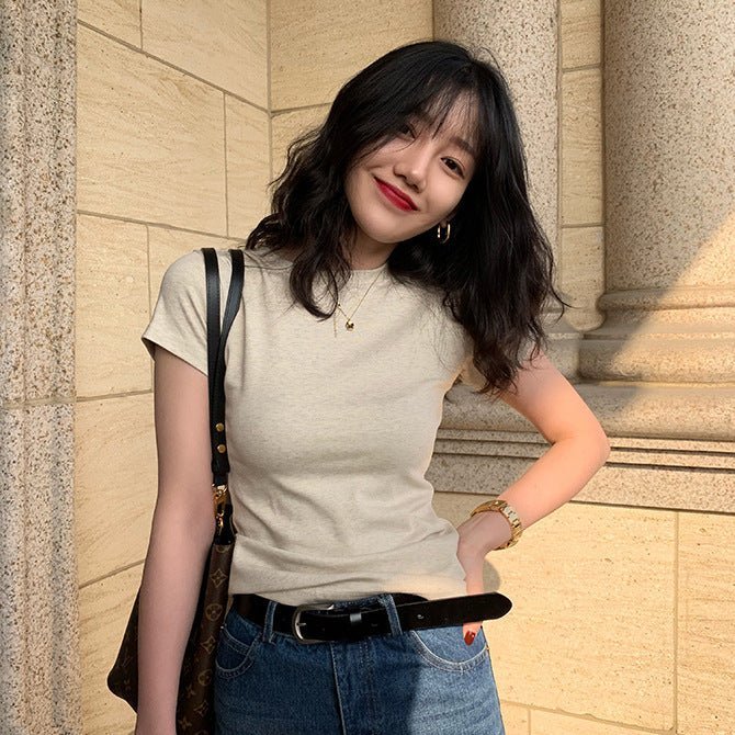American style white t-shirt for women, short sleeves, shoulder length, 2025 new style, slim round neck, cotton layered bottoming top - Image 19